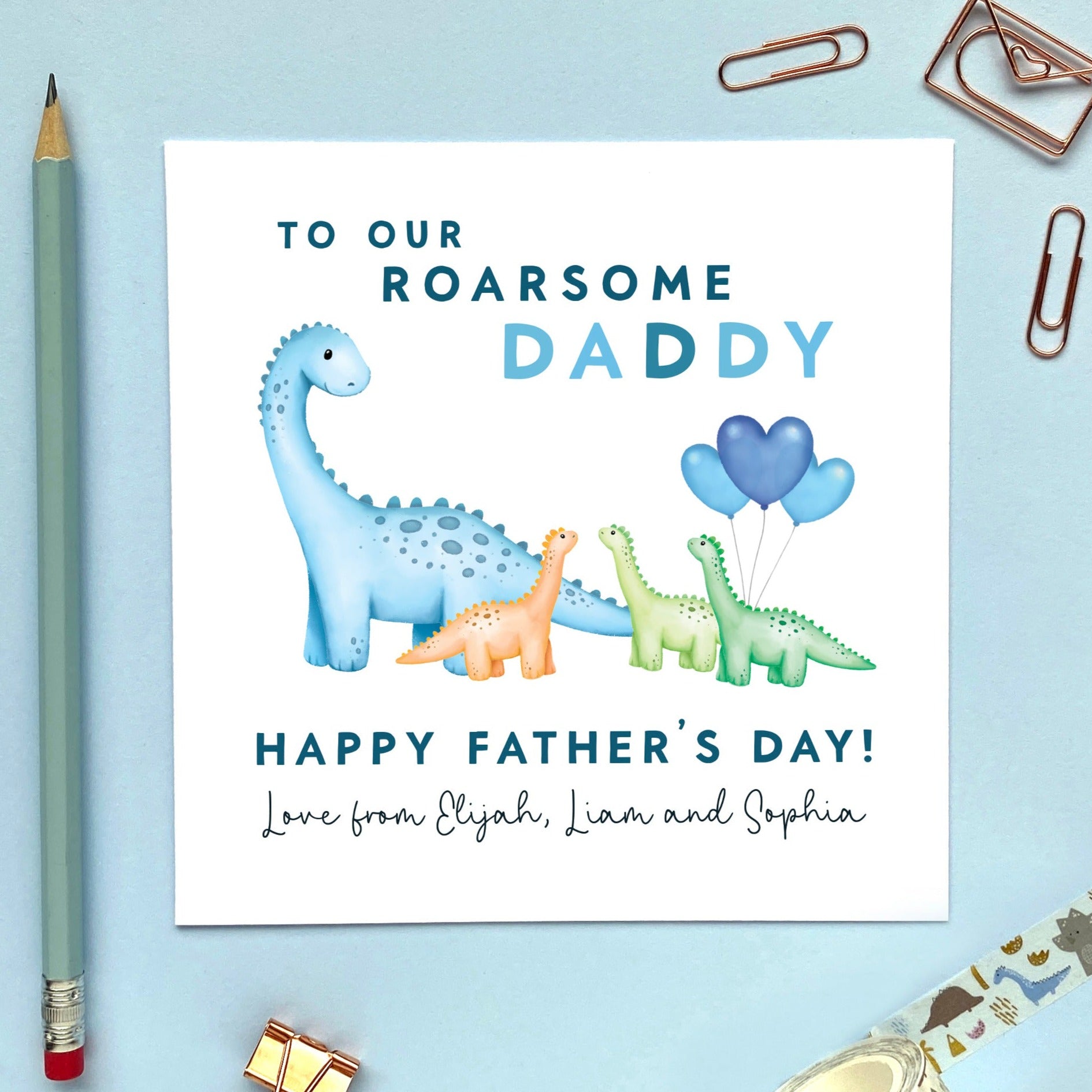 personalised dinosaurs fathers day card for daddy - dad, dada, father, stepdad, grandad, grandpa - from triplets, 3 children, boys, girls, sons, daughters, three babies, 2 girls and 1 boy