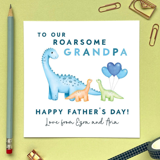 personalised dinosaur fathers day card - for daddy, dad, our daddy, twins, two babies, two kids, 2 children, sons, daughters, grandad, grandpa