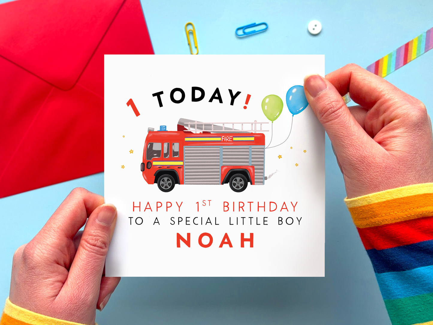Personalised Fire Engine 1st Birthday Card for special Little Boy