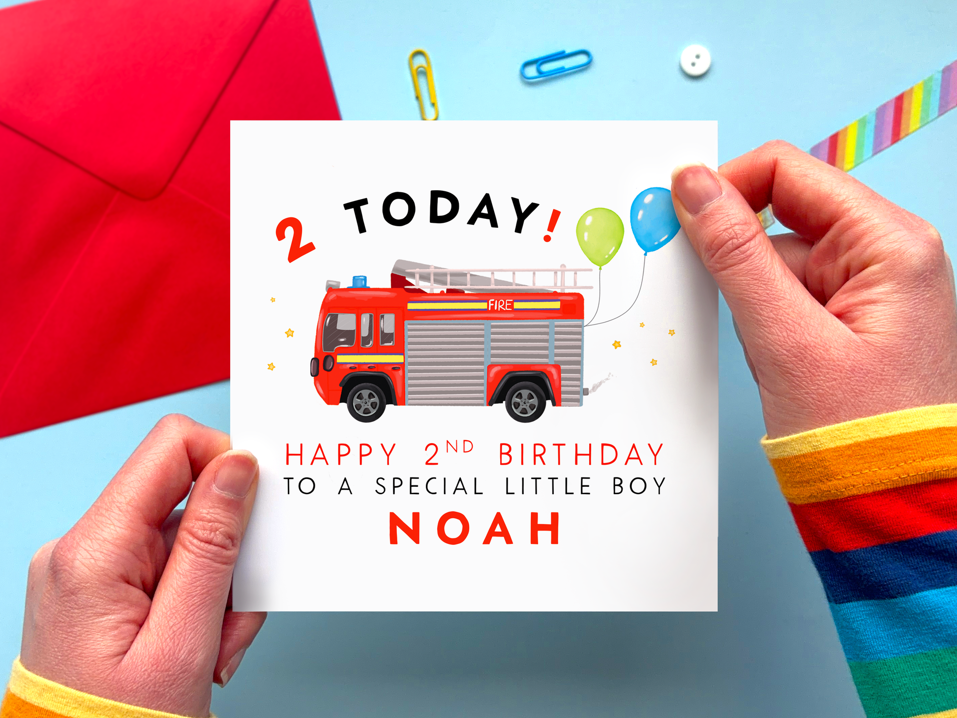 Personalised Fire Engine 2nd Birthday Card for special Little Boy