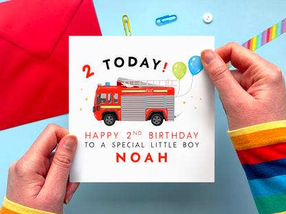 Personalised Fire Engine 2nd Birthday Card for special Little Boy
