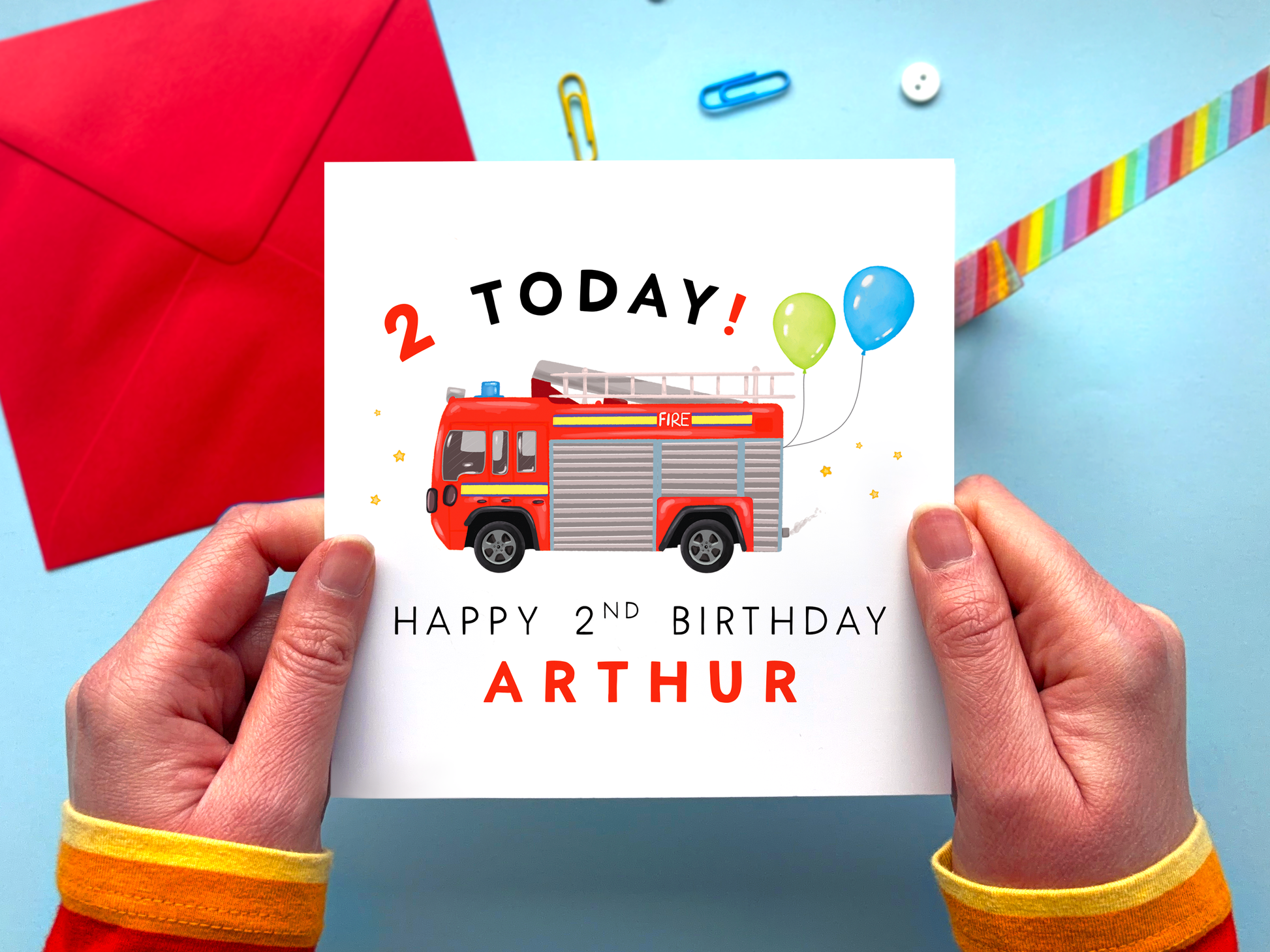 Personalised Fire Engine 2nd Birthday Card for Boys