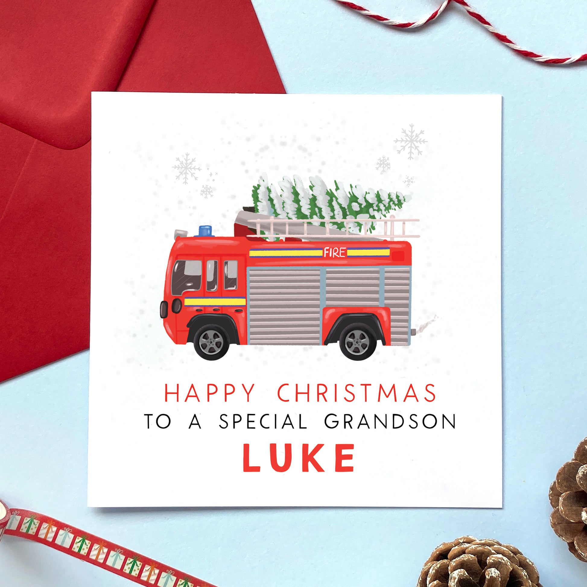 A personalised fire engine Christmas card for Grandson.