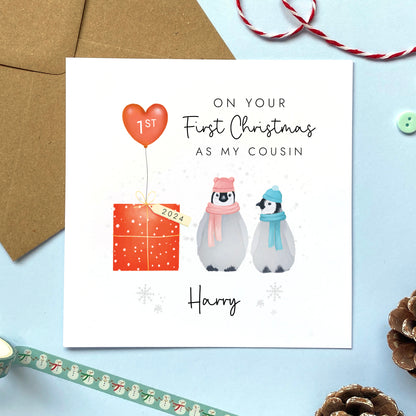 Personalised 1st Christmas as My Cousin Penguins Card