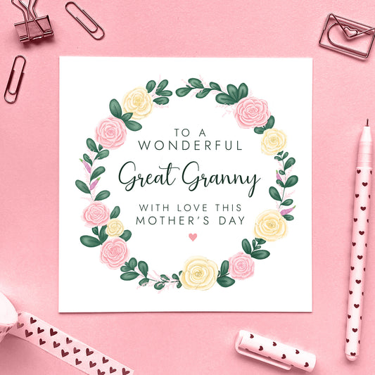 Personalised Floral Wreath Mother's Day Card for Great Granny, pink and cream roses, flowers mothers day card