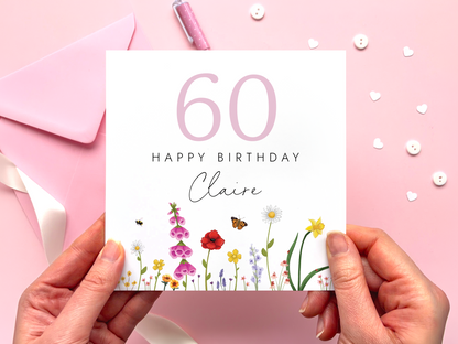 Personalised Flowers 60th Birthday Card for Her