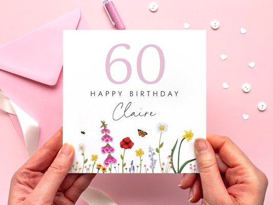 Personalised Flowers 60th Birthday Card for Her