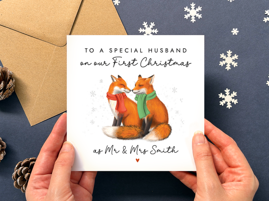 Personalised Fox 1st Christmas Married Card for Husband