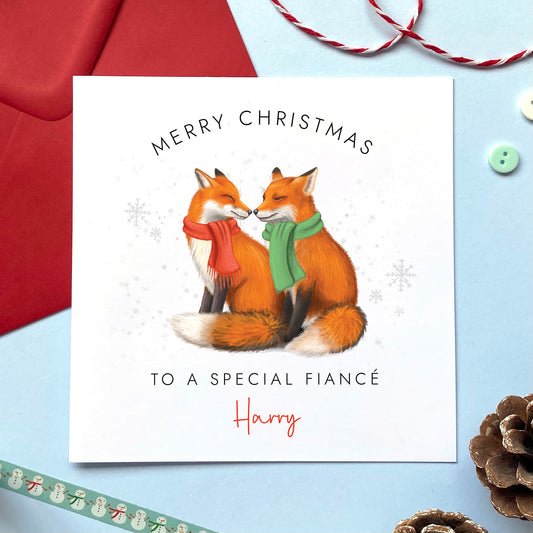 A personalised fox couple Christmas card for a special Fiancé. 
