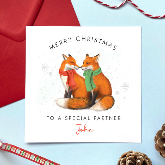 A personalised fox couple Christmas card for a special Partner.