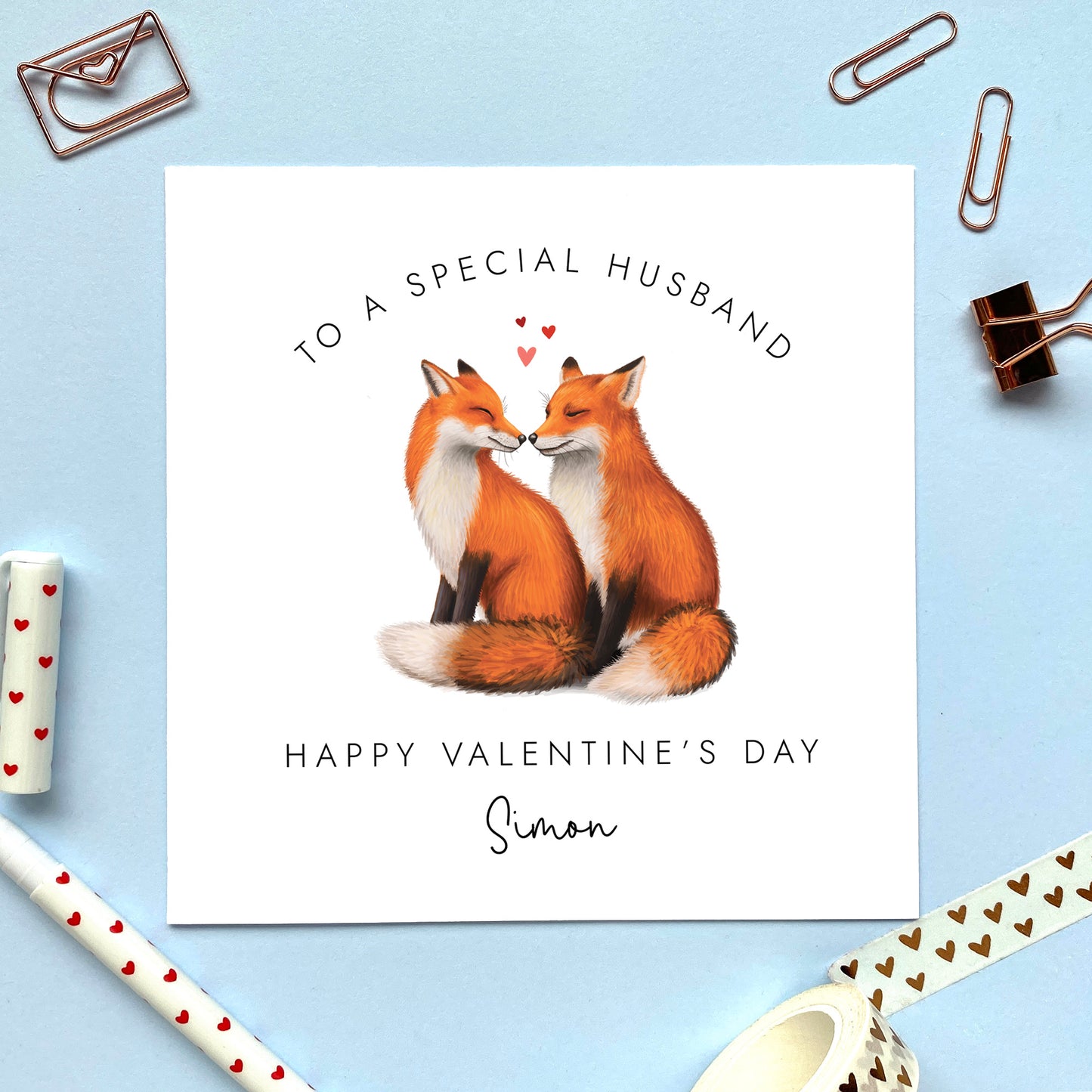 A personalised red fox valentines day card for husband.