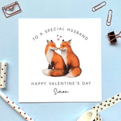 A personalised red fox valentines day card for husband.