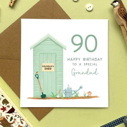 personalised garden shed birthday card for grandad - grandfather, great grandfather, grandpa, dad, granda - 60th 70th 90th 100th - gardening, green garden shed, 90th birthday card