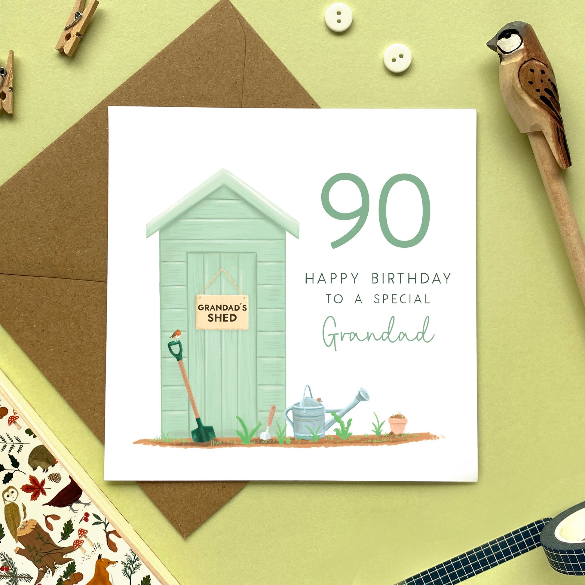 personalised garden shed birthday card for grandad - grandfather, great grandfather, grandpa, dad, granda - 60th 70th 90th 100th - gardening, green garden shed, 90th birthday card