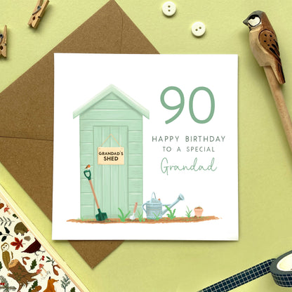 personalised garden shed birthday card for grandad - grandfather, great grandfather, grandpa, dad, granda - 60th 70th 90th 100th - gardening, green garden shed, 90th birthday card