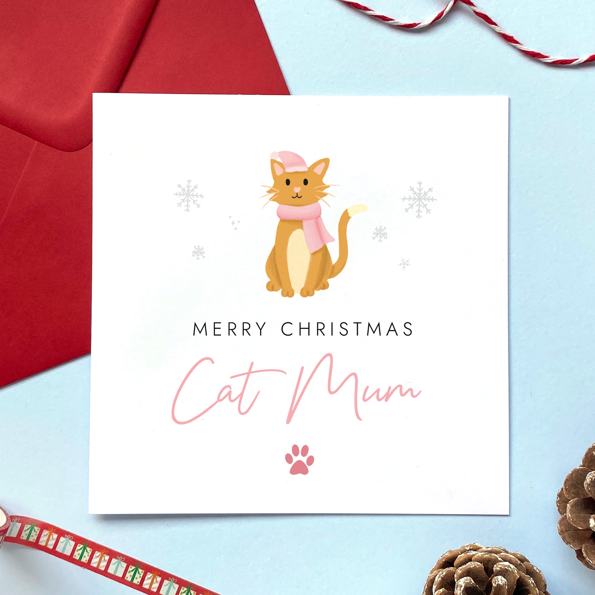 A personalised Christmas card for Cat Mum featuring a ginger and white cat. It can be personalised by changing the relation and the cat. It's designed as a special Christmas card from the cat.