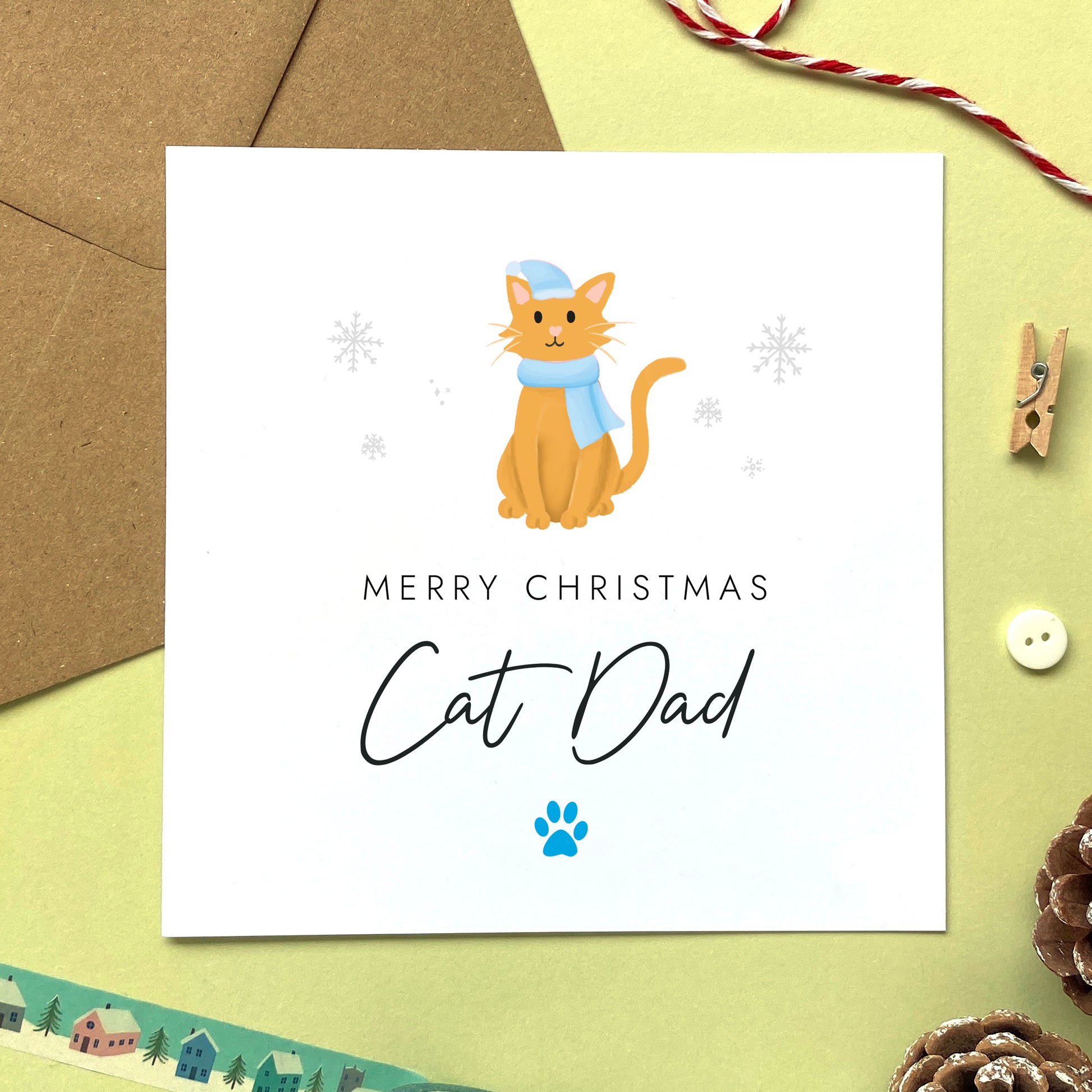A personalised Christmas card for Cat Dad featuring a ginger cat. It can be personalised by changing the relation and the cat. It's designed as a special Christmas card from the cat.