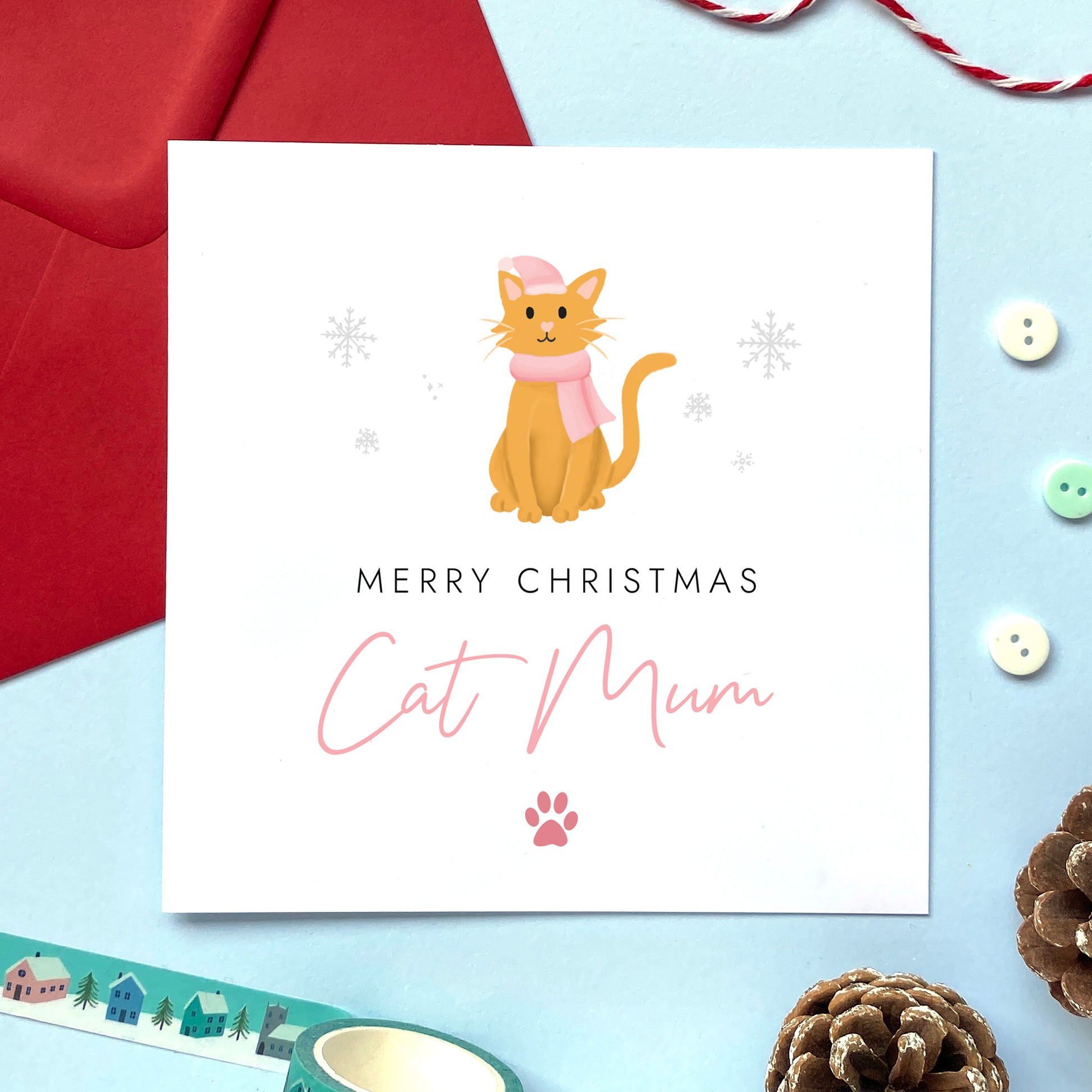 A personalised Christmas card for Cat Mum featuring a ginger cat. It can be personalised by changing the relation and the cat. It's designed as a special Christmas card from the cat.
