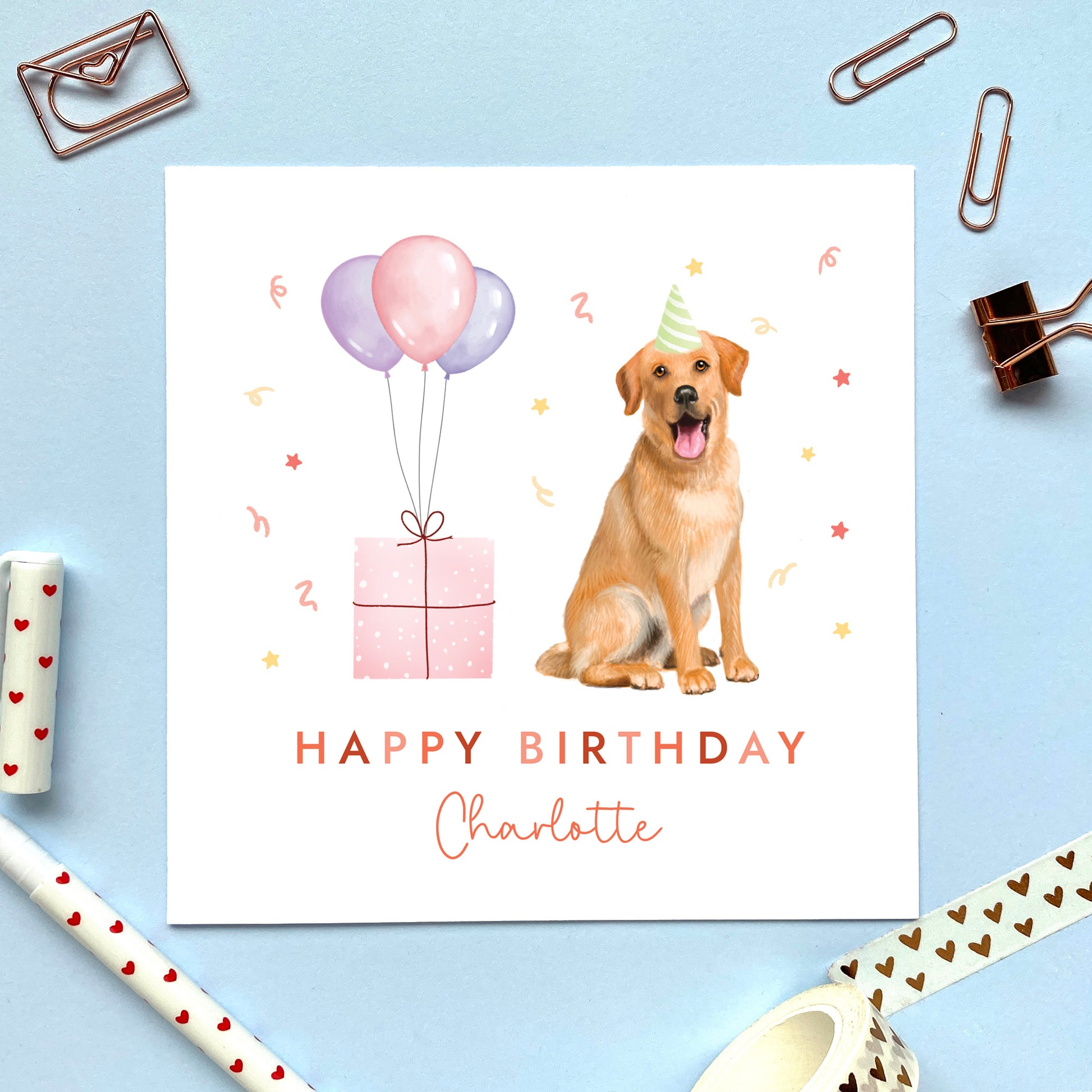 A personalised dog birthday card for her featuring a golden labrador. It can be personalised with any name and age.