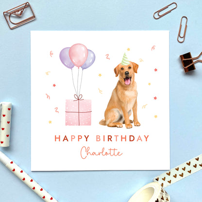 A personalised dog birthday card for her featuring a golden labrador. It can be personalised with any name and age.
