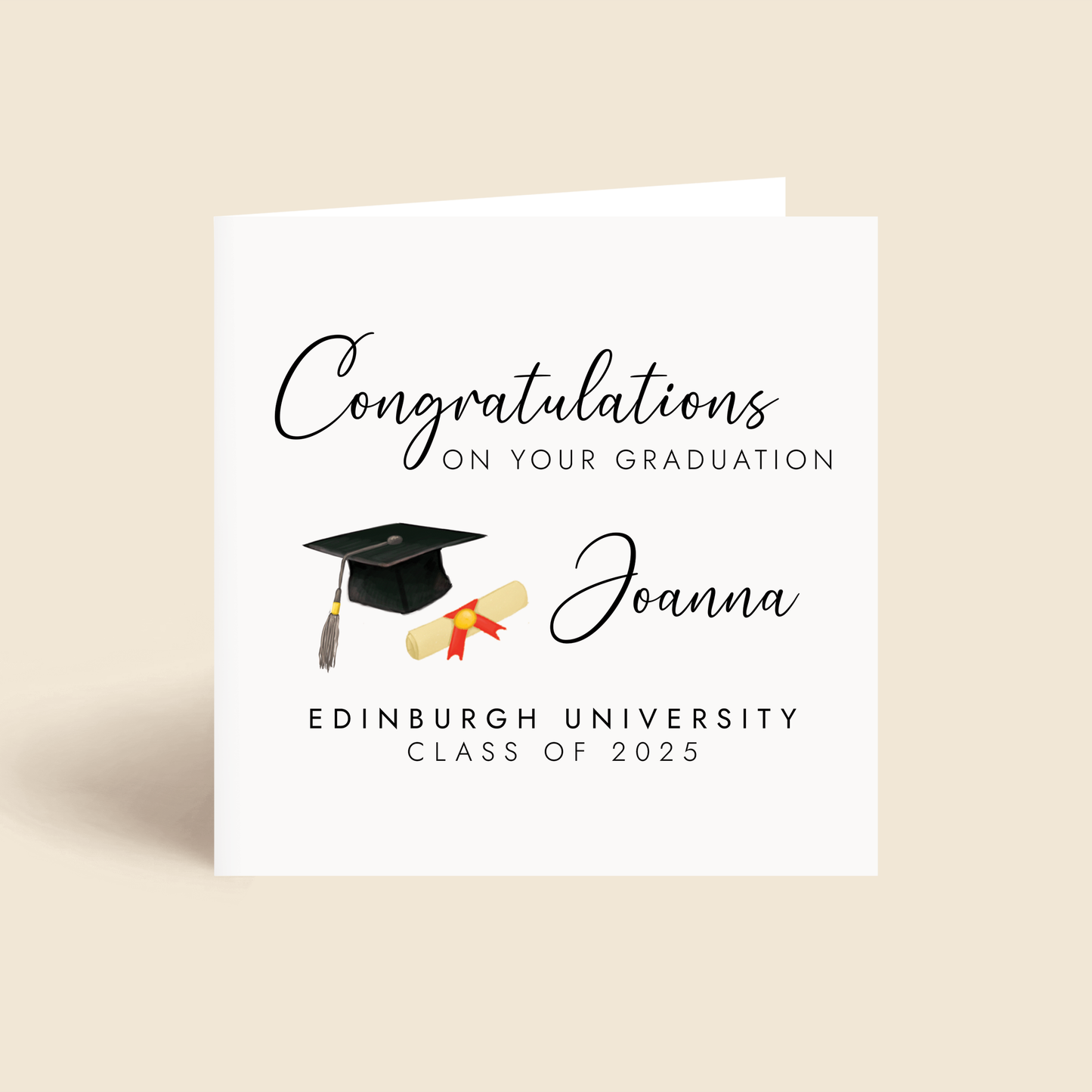 A personalised Congratulations on your Graduation Card for both male and female graduates. Add their name and university.