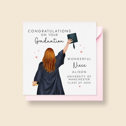 A personalised Graduation Card for Niece. It can be customised by choosing the girl's hair as well as adding her name and university.