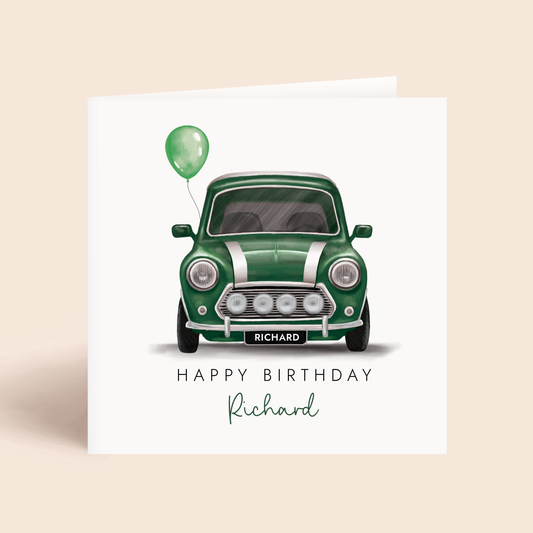 Personalised Green Classic Car Birthday Card, inspired by vintage mini