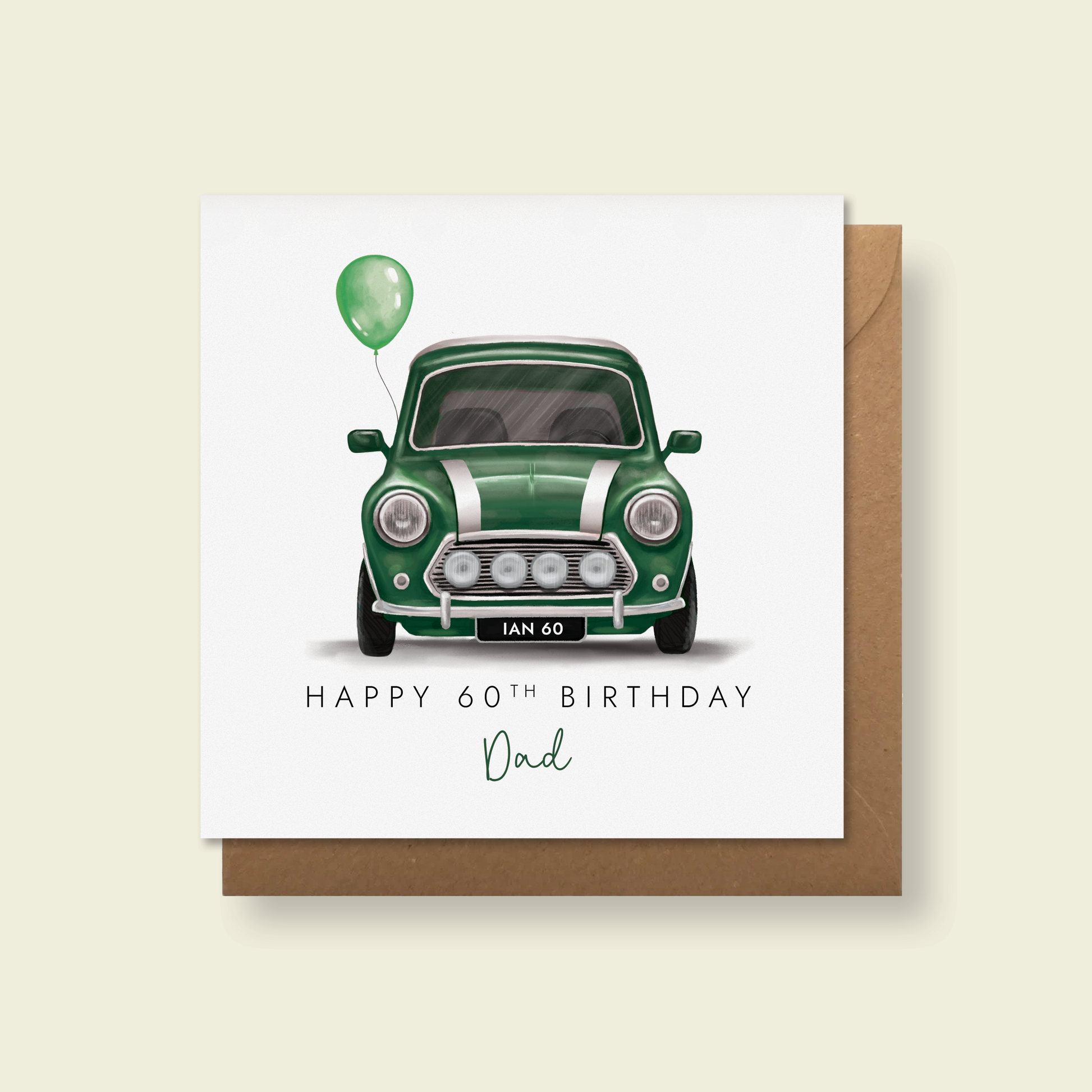 Personalised Green Classic Car Birthday Card, inspired by vintage mini - the photo is a 60th birthday card for Dad