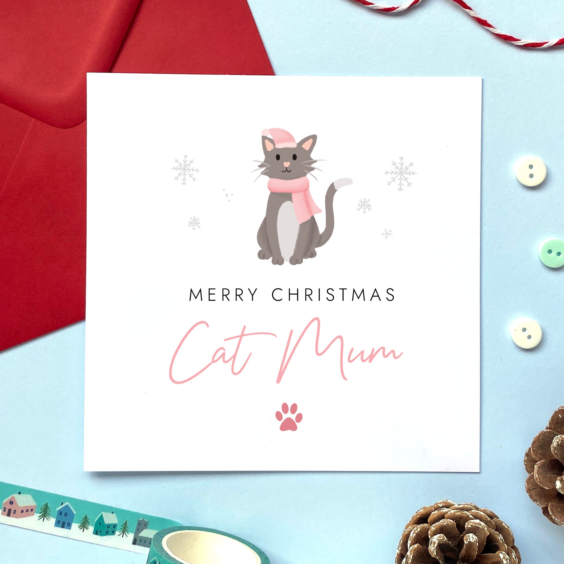 A personalised Christmas card for Cat Mum featuring a grey and white cat. It can be personalised by changing the relation and the cat. It's designed as a special Christmas card from the cat.