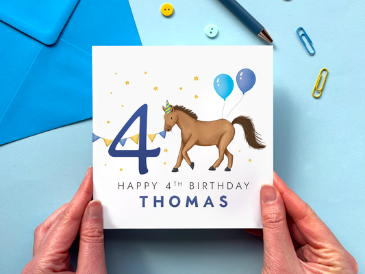 Personalised Horse 4th Birthday Card for Boys