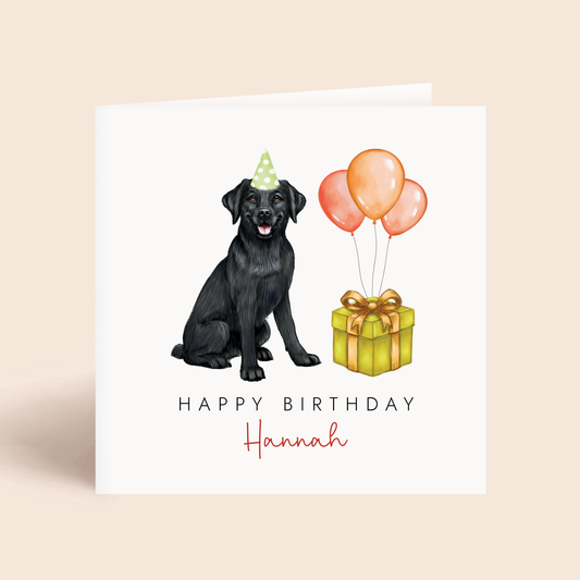 A personalised birthday card featuring a black labrador dog, for both male and female relations.