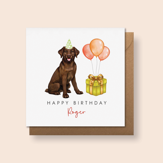A personalised dog birthday card featuring a brown chocolate labrador.