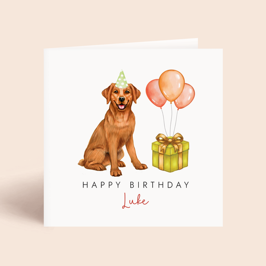 A personalised dog birthday card featuring a fox red labrador.