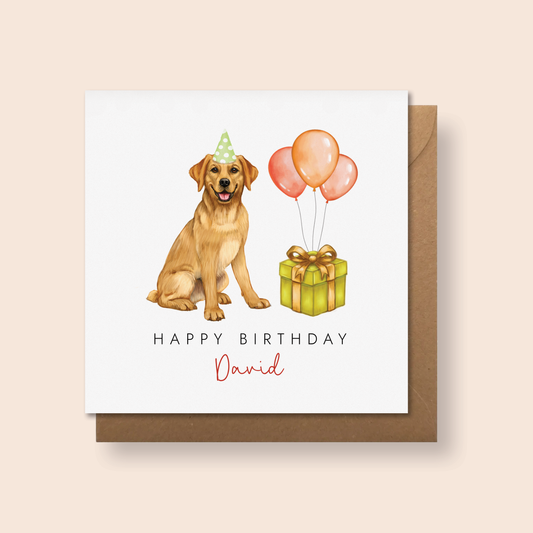 A personalised birthday card featuring a golden labrador dog, for both male and female relations.