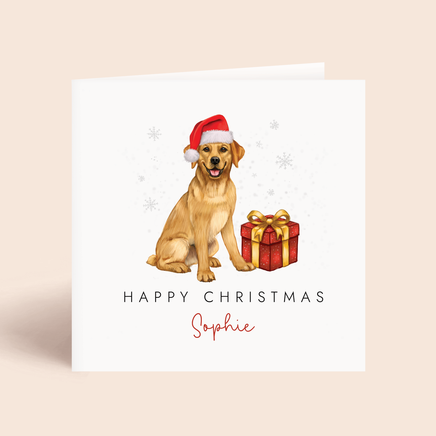 Personalised Christmas card with a golden labrador dog wearing a Santa hat.