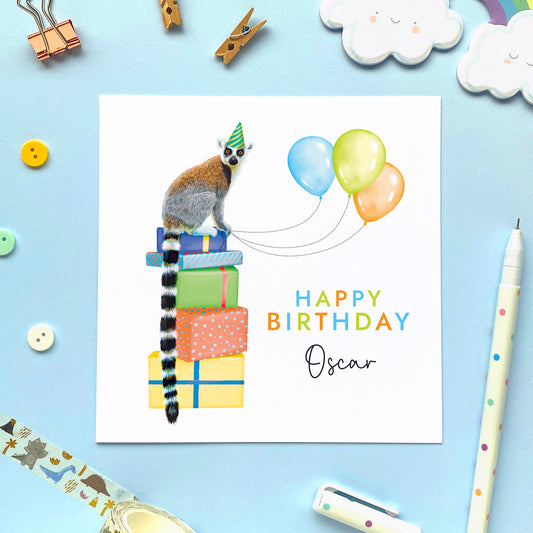 Personalised Lemur Birthday Card for Boy