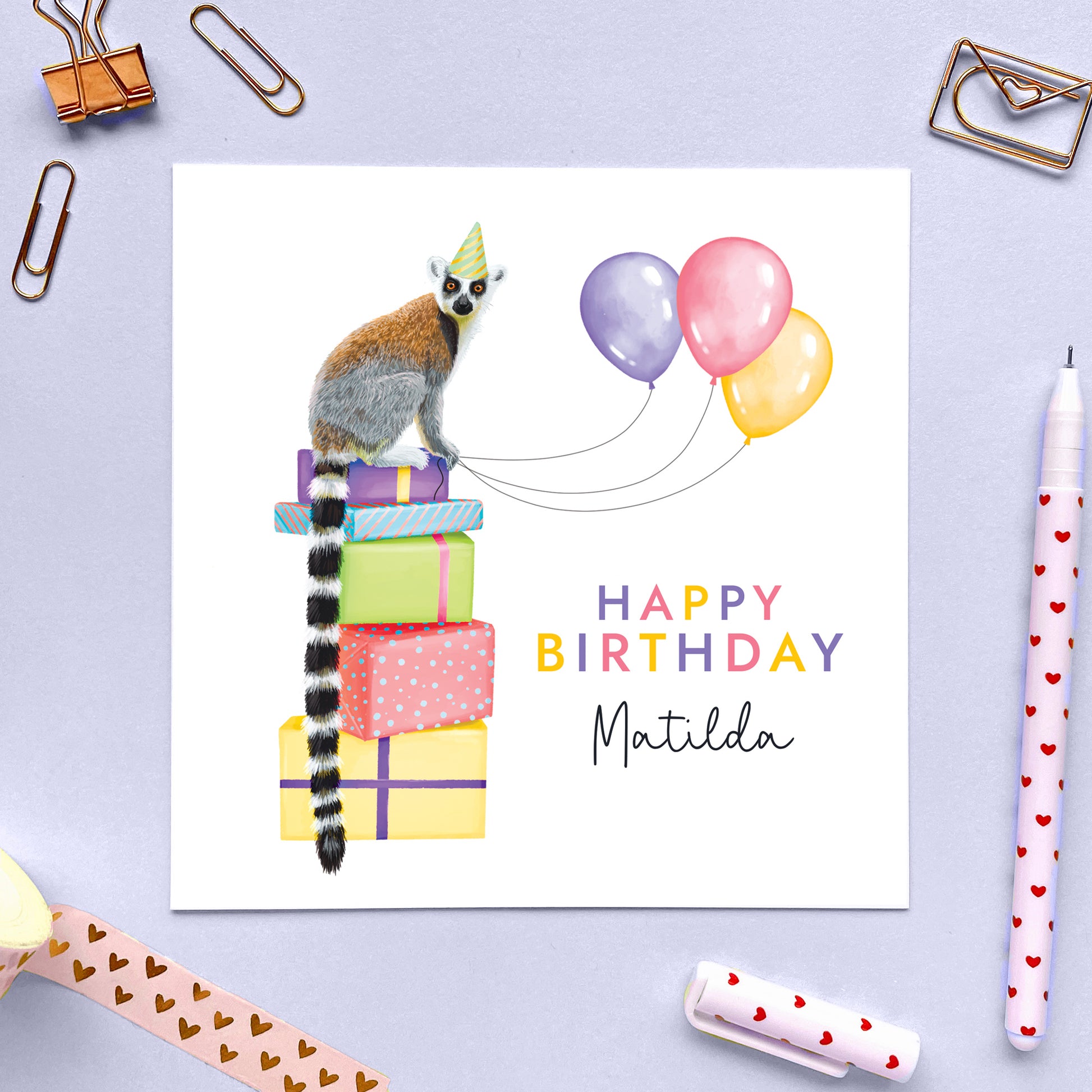 Personalised Birthday card with a lemur and balloons