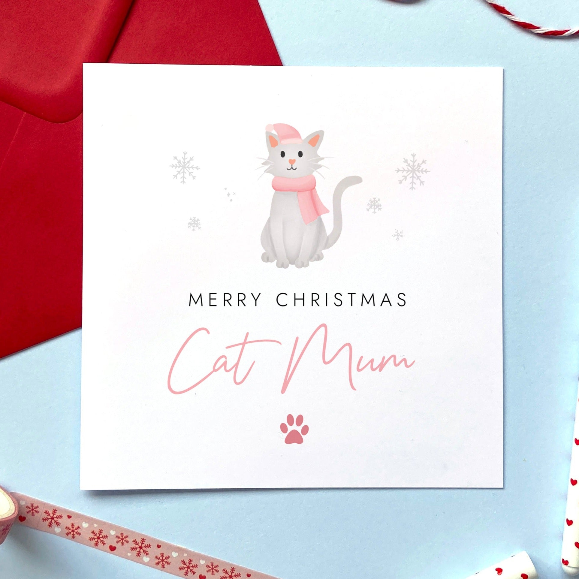 A personalised Christmas card for Cat Mum featuring a light grey cat. It can be personalised by changing the relation and the cat. It's designed as a special Christmas card from the cat.