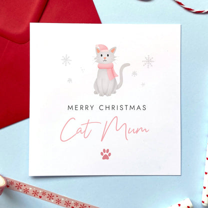 A personalised Christmas card for Cat Mum featuring a light grey cat. It can be personalised by changing the relation and the cat. It's designed as a special Christmas card from the cat.