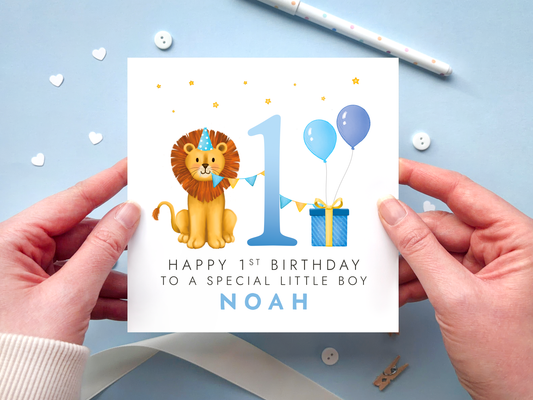 Personalised Lion 1st Birthday Card for special Little Boy