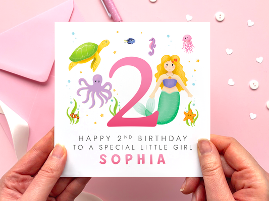 personalised 2nd birthday card for special little girl with mermaid theme