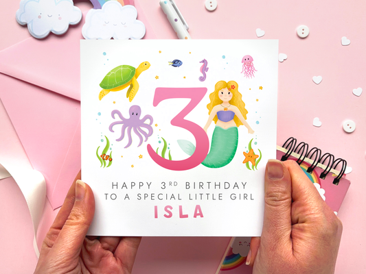 Personalised Mermaid 3rd Birthday Card for Girl