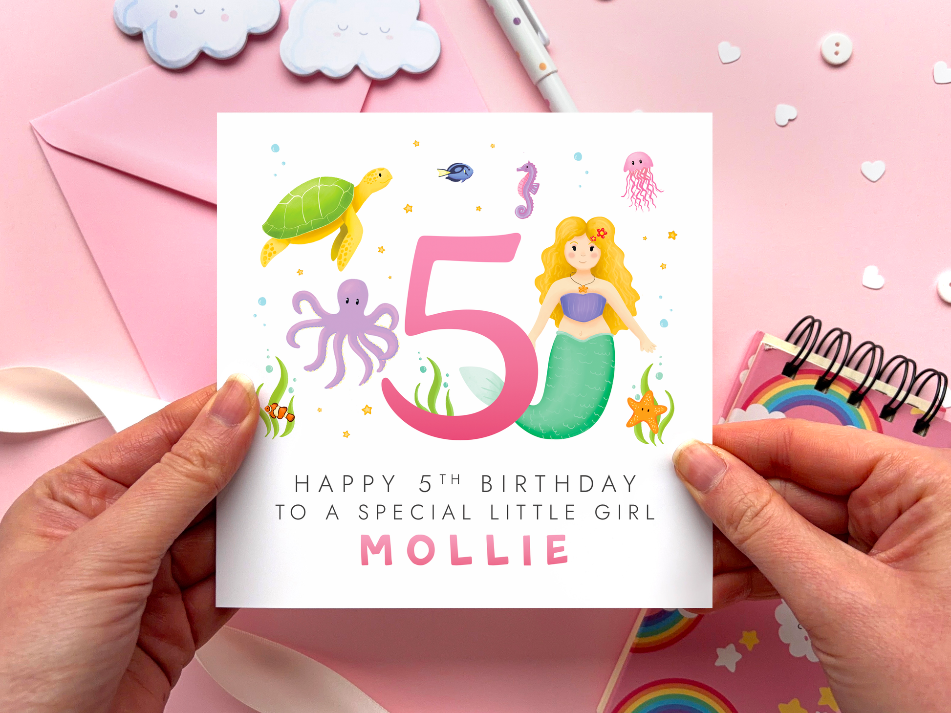 personalised 5th birthday card for special little girl with mermaid theme