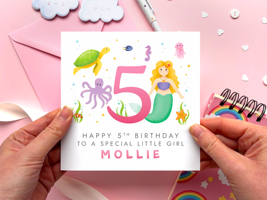 personalised 5th birthday card for special little girl with mermaid theme