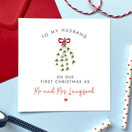 A personalised 'On our First Christmas as Mr and Mrs' Card for Husband.