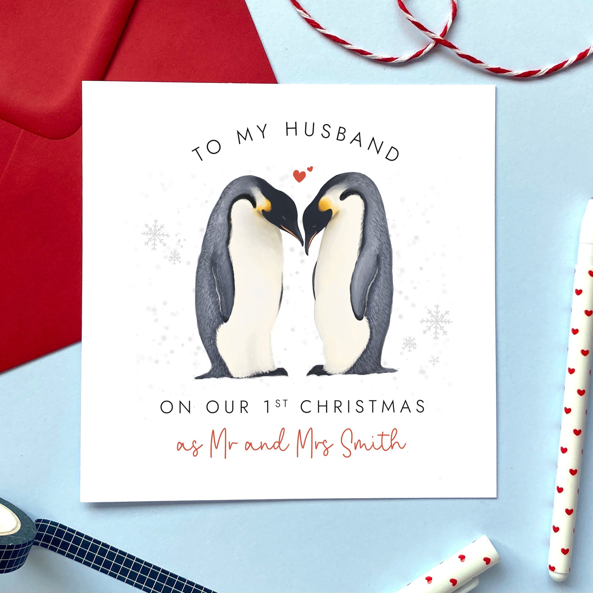 A personalised penguin couple Christmas Card for 'our 1st Christmas as Mr and Mrs' for Husband.