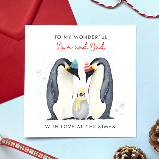 Personalised Penguins Christmas Card for Parents | Mummy and Daddy, Mum and Dad, Mom, Mama, Dada, Grandparents, From Baby, Son, Daughter