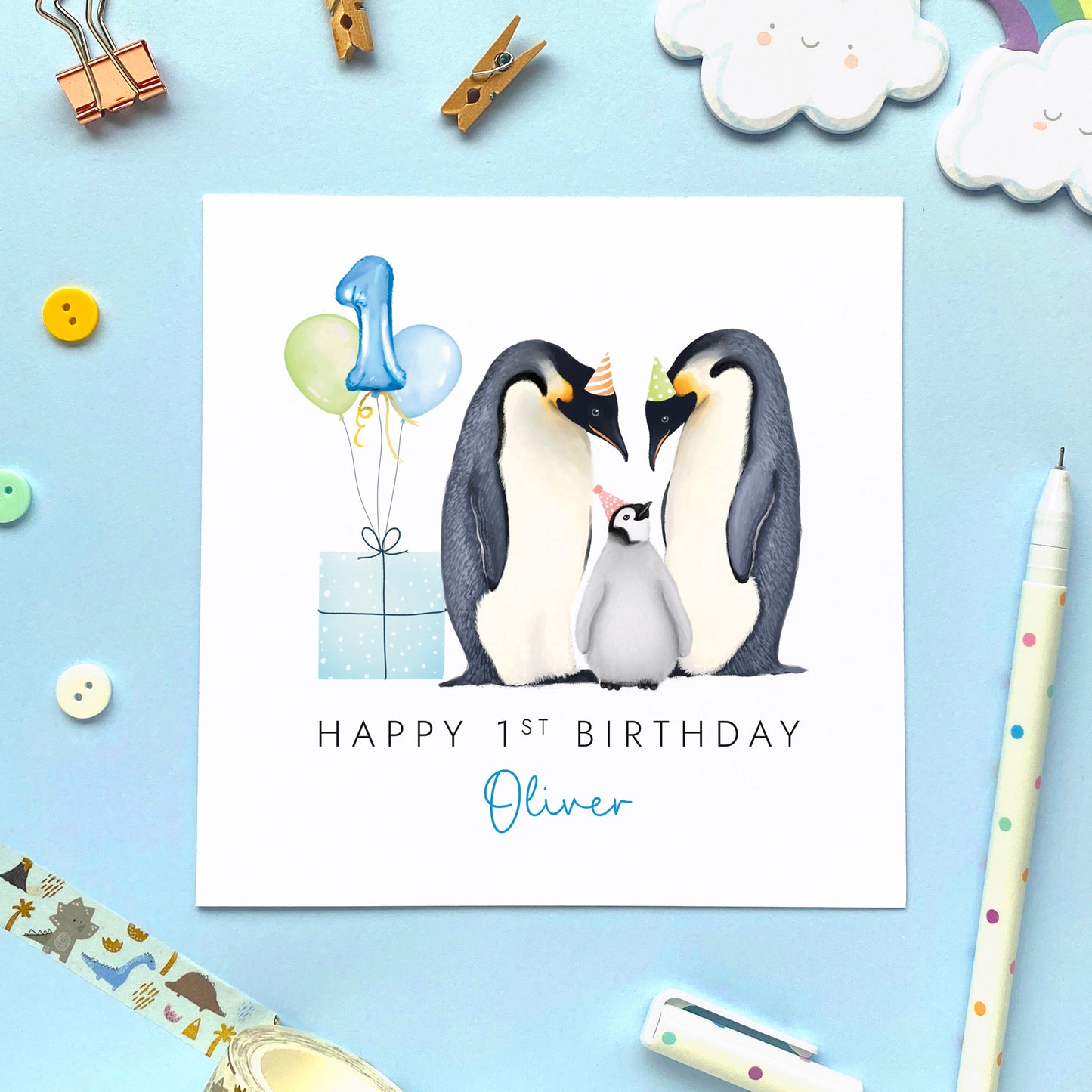 Personalised Penguin 1st Birthday Card for Boy