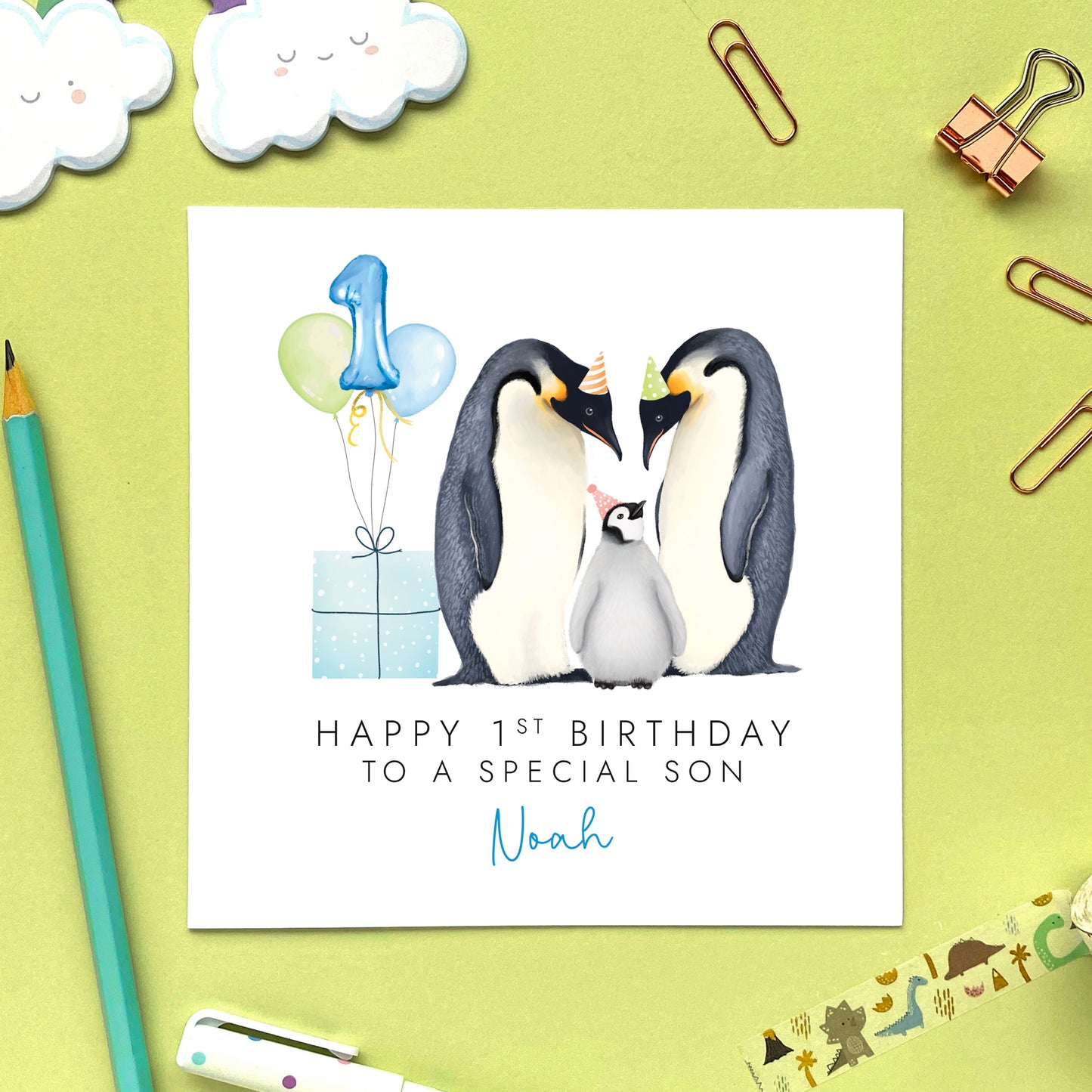 Personalised Penguin 1st Birthday Card for Boy