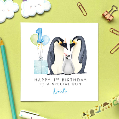 Personalised Penguin 1st Birthday Card for Boy